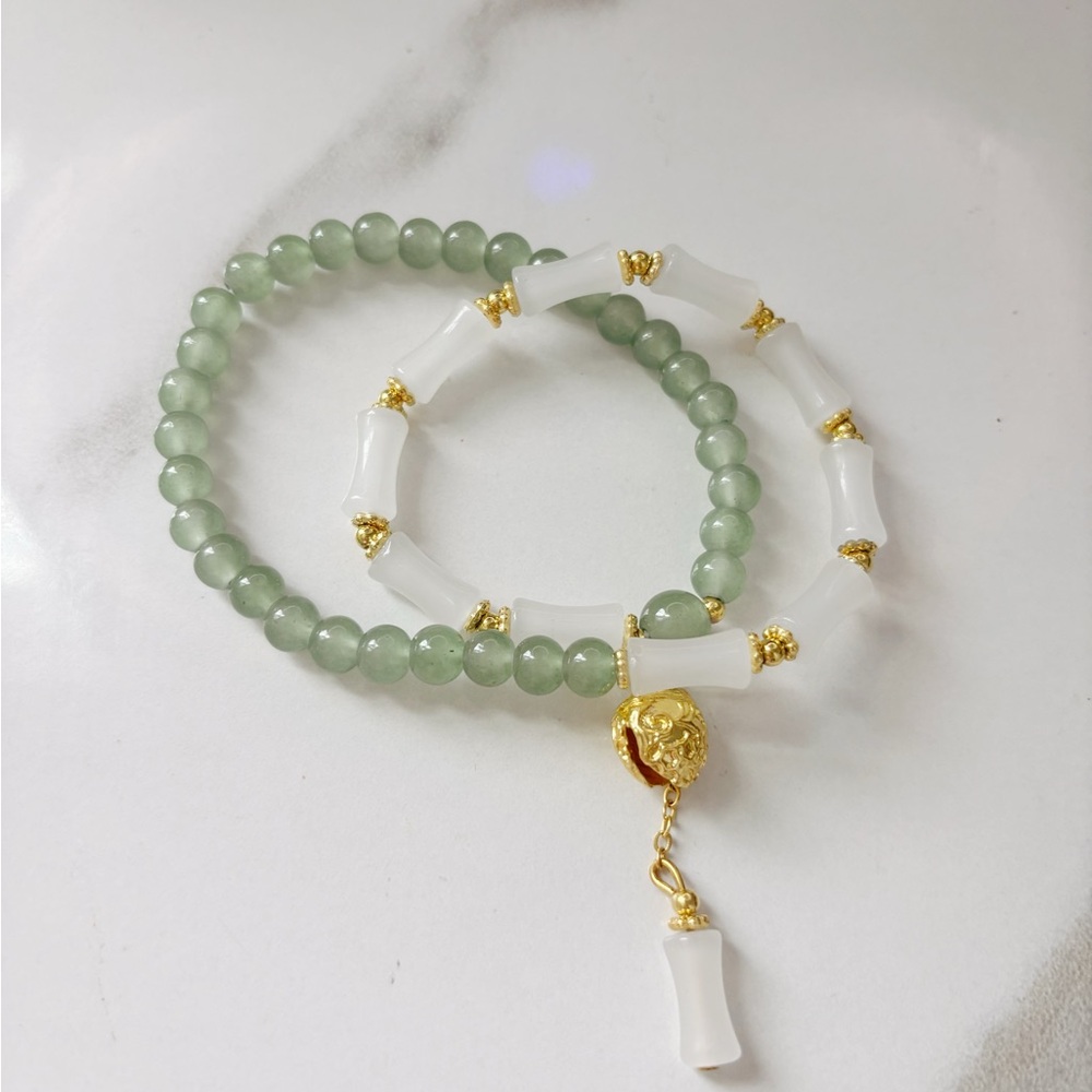 Green & White Bamboo Bead Bracelet (Elastic)